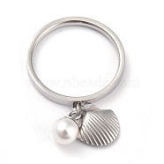 Dual-use Items, 304 Stainless Steel Finger Rings or Pendants, with Plastic Round Beads, Shell, White, Stainless Steel Color, US Size 5~9(15.7~18.9mm)(RJEW-O045-18-P)