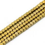 Electroplate Non-magnetic Synthetic Hematite Beads Strands, Faceted, Matte, Cube, Golden Plated, 2x2x2mm, Hole: 1mm, about 193pcs/strand, 15.7 inch(G-Q486-60B)