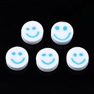 Handmade Polymer Clay Beads, for DIY Jewelry Crafts Supplies, Flat Round with Smiling Face, Deep Sky Blue, 10x4~4.5mm, Hole: 1.8mm(CLAY-N008-040B)