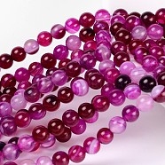 Natural Striped Agate/Banded Agate Beads, Dyed, Round, Fuchsia, Size: about 6mm in diameter, hole: 1mm, 63pcs/strand, 15.5 inch(X-AGAT-6D-3)