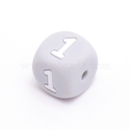 Silicone Beads, for Bracelet or Necklace Making, Arabic Numerals Style, Gray Cube, Num.1, 10x10x10mm, Hole: 2mm(SIL-TAC001-02D-1)