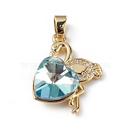 Real 18K Gold Plated Rack Plating Brass Micro Pave Clear Cubic Zirconia Pendants, with Glass, Long-Lasting Plated, Cadmium Free & Lead Free, Flamingo with Heart Charm, Dark Turquoise, 24x19x8mm, Hole: 3.5x5mm(KK-C015-33G-03)