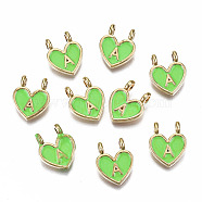 Alloy Enamel Charms, Cadmium Free & Lead Free, Heart with Initial Letters, Light Gold, Lime, Letter.A, 14.5x11.5x4.5mm, Hole: 2mm(X-ENAM-T012-02A-RS)