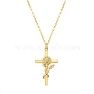 SHEGRACE Brass Pendant Necklaces, with Grade AAA Cubic Zirconia, Cross with Sunflower, Clear, Golden, 17.32inch(44cm)(JN995B)