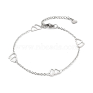 Tarnish Resistant 304 Stainless Steel Cable Chain Anklets, with Double Heart Link and Lobster Claw Clasps, Stainless Steel Color, 9 inch(22.8cm)(AJEW-H104-07P)