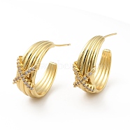 Cubic Zirconia Criss Cross Stud Earrings, Real 18K Gold Plated Brass Half Hoop Earrings for Women, Cadmium Free & Lead Free, Real 18K Gold Plated, 22x24x9mm, Pin: 0.7mm(EJEW-C035-13G)