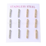 PVD Vacuum Plating 304 Stainless Steel Stud Earring, with Rhinestone, Rectangle, Golden & Stainless Steel Color, 15x3mm, 12pcs/set(EJEW-C099-08GP)