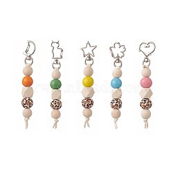 Cube & Round & Octagon Wooden Beaded Pendant Keychain, with Heart/Flower/Moon/Star/Cat Alloy & Iron Swivel Lobster Clasps, Mixed Color, 12.7cm(KEYC-JKC00463)