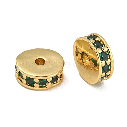 Rack Plating Brass Micro Pave Cubic Zirconia Beads, Lead Free & Cadmium Free, Long-Lasting Plated, Real 18K Gold Plated, Round, Dark Green, 7x2.5mm, Hole: 1.5mm(KK-U030-27G-10)