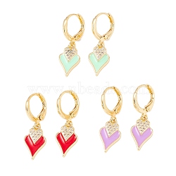 Enamel Double Heart Dangle Leverback Earrings with Clear Cubic Zirconia, Real 18K Gold Plated Brass Drop Earrings, Lead Free & Cadmium Free, Mixed Color, 29mm, Pin: 0.8x1mm(EJEW-F282-05-G)