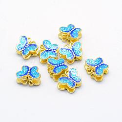 Electroplate Brass Enamel Beads, Lead Free & Cadmium Free, Butterfly, Golden, Deep Sky Blue, 10x12.5x5.5mm, Hole: 1.5mm(KK-K185-17-RS)