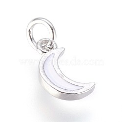 Enamel Brass Charms, with Jump Ring, Moon, White, Platinum, 10x6x2mm, Hole: 3mm(KK-G364-16P-01)