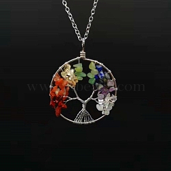 7 Chakra Gemstone Chip Tree of Life Pendant Necklaces, Brass Jewelry for Women, Platinum, 19.69 inch(50cm)(PW-WG100CC-01)