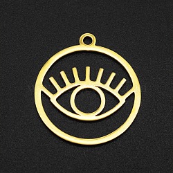 201 Stainless Steel Pendants, Laser Cut, Hollow, Ring with Eye, Golden, 27x24x1mm, Hole: 2mm(STAS-N090-LA005-2)