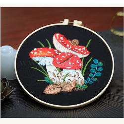 DIY Mushroom Pattern Embroidery Kits, including Plastic Embroidery Hoop, Fabric, Thread, Sewing Needle, Red, Embroidery Hoop: 200mm(MUSH-PW0001-116B)