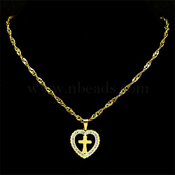 304 Stainless Steel Singapore Chain Necklaces, Rhinestone Heart Pendant Necklaces, Golden, 19.69 inch(50cm)(NJEW-C042-11G)