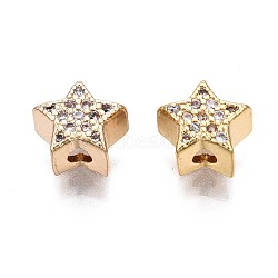Brass Micro Pave Clear Cubic Zirconia Beads, Star, Real 18K Gold Plated, 6.5x7x4mm, Hole: 1.5mm(KK-Q764-008)