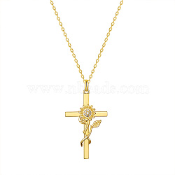 SHEGRACE Brass Pendant Necklaces, with Grade AAA Cubic Zirconia, Cross with Sunflower, Clear, Golden, 17.32inch(44cm)(JN995B)