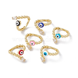Clear Cubic Zirconia Teardrop & Enamel Evil Eye Open Cuff Ring, Real 18K Gold Plated Brass Jewelry for Women, Lead Free & Cadmium Free, Mixed Color, US Size 5 1/4(15.9mm)(RJEW-I086-03G)