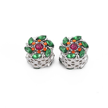 Rack Plating Alloy European Beads, with Ruby Rhinestone and Resin, Large Hole Beads, Cadmium Free & Nickel Free & Lead Free, Flower, Platinum, Green, 11x11.5mm, Hole: 5.5mm