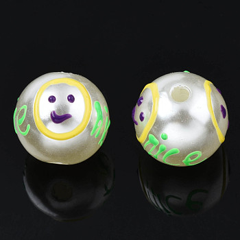 ABS Plastic Imitation Pearl Beads, with Enamel, Round with Expression & Word Nice, Light Green, 12x11mm, Hole: 2mm