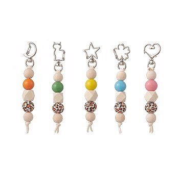 Cube & Round & Octagon Wooden Beaded Pendant Keychain, with Heart/Flower/Moon/Star/Cat Alloy & Iron Swivel Lobster Clasps, Mixed Color, 12.7cm