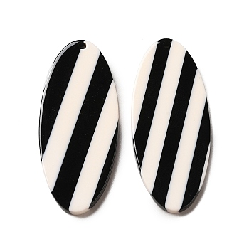 Cellulose Acetate(Resin)Pendants, Striped Oval Charms, White, Black, 44.5x19.5x2.5mm, Hole: 1.6mm