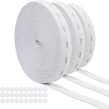 Flat Elastic Cord/Bands with Buttonhole, Webbing Garment Sewing Accessories, with Resin Buttons, White, 15mm, 30m/set
