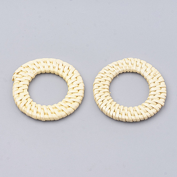 Handmade Spray Painted Reed Cane/Rattan Woven Linking Rings, For Making Straw Earrings and Necklaces,  Dyed, Pearlized Effect, Lemon Chiffon, 43~47x4~6mm, inner diameter: 22~28mm