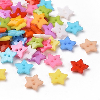 2-Hole Acrylic Star 12MM Sweater Kids Clothes Findings, Dyed, Mixed Color, 12x2mm, Hole: 1mm