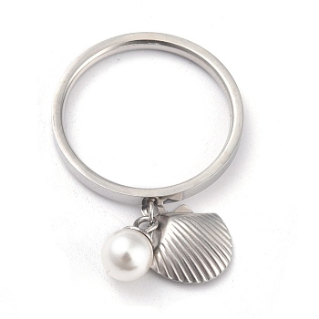 Dual-use Items, 304 Stainless Steel Finger Rings or Pendants, with Plastic Round Beads, Shell, White, Stainless Steel Color, US Size 5~9(15.7~18.9mm)