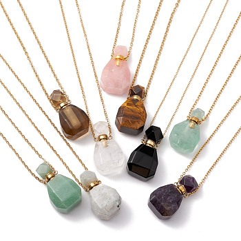 Openable Faceted Natural & Synthetic Mixed Stone Perfume Bottle Pendant Necklaces for Women, 304 Stainless Steel Cable Chain Necklaces, Golden, 18.50 inch(47cm)