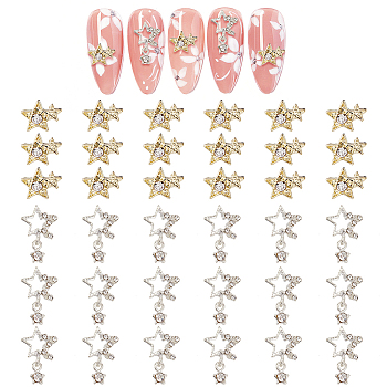 36Pcs 2 Style Star Alloy Rhinestone Cabochons, Nail Art Decoration Accessories, Golden & Silver, 7.5~20x6.5~9x2.5~3mm, 18pcs/style