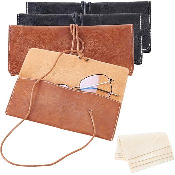 4Pcs Rectangle PU Leather Eyelasses Storage Bag, Portable Sunglass Bag, with Rope, with 4Pcs Suede Polishing Cloth, Mixed Color, Glasses Case: 180x80x4mm, Polishing Cloth: 80x80x0.4mm