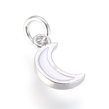 Enamel Brass Charms, with Jump Ring, Moon, White, Platinum, 10x6x2mm, Hole: 3mm