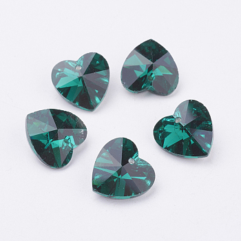 Handmade Glass Pendants, Faceted, Heart, Dark Cyan, Silver Color Plated, 8mm thick, hole: 1mm