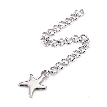 304 Stainless Steel Chain Extender, Curb Chain, with 202 Stainless Steel Charms, Starfish, Stainless Steel Color, 60~71mm, Link: 3.7x3x0.5mm, Starfish: 11x8.5x0.6mm