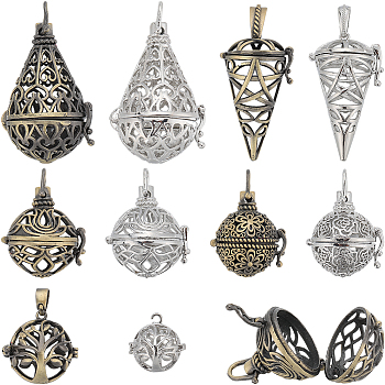 10Pcs 10 Styles Brass Cage Pendants, For Chime Ball Pendant Necklaces Making, Mixed Shapes, Mixed Color, 24.5~47x17.5~29x15~24mm, Hole: 1~7x1~8mm, 1pc/style