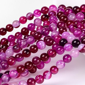 Natural Striped Agate/Banded Agate Beads, Dyed, Round, Fuchsia, Size: about 6mm in diameter, hole: 1mm, 63pcs/strand, 15.5 inch