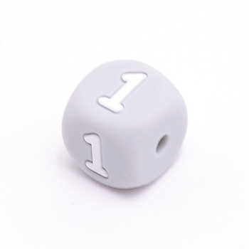 Silicone Beads, for Bracelet or Necklace Making, Arabic Numerals Style, Gray Cube, Num.1, 10x10x10mm, Hole: 2mm