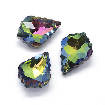 Faceted Glass Pendants, Back Plated, Leaf, Colorful, 22x15.5x8.5mm, Hole: 1mm