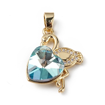 Real 18K Gold Plated Rack Plating Brass Micro Pave Clear Cubic Zirconia Pendants, with Glass, Long-Lasting Plated, Cadmium Free & Lead Free, Flamingo with Heart Charm, Dark Turquoise, 24x19x8mm, Hole: 3.5x5mm