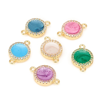Brass Micro Pave Cubic Zirconia Links connectors, with Enamel, Flat Round, Mixed Color, Golden, 17x11x3mm, Hole: 1.4mm