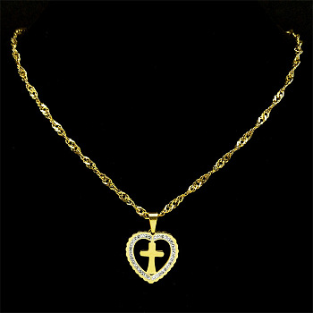 304 Stainless Steel Singapore Chain Necklaces, Rhinestone Heart Pendant Necklaces, Golden, 19.69 inch(50cm)