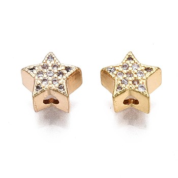 Brass Micro Pave Clear Cubic Zirconia Beads, Star, Real 18K Gold Plated, 6.5x7x4mm, Hole: 1.5mm