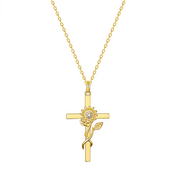 SHEGRACE Brass Pendant Necklaces, with Grade AAA Cubic Zirconia, Cross with Sunflower, Clear, Golden, 17.32inch(44cm)