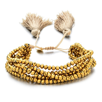 Faceted Glass Braided Bead Bracelets, Adjustable Tassel Woven Multi-strand Bracelets for Women, Gold