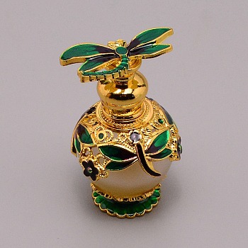 Glass Openable Perfume Bottle, Refillable Bottles, with Alloy Enamel Findings, Dragonfly, Golden, Green, 4.1x7.2cm, capacity: 15ml(0.5 fl. oz)