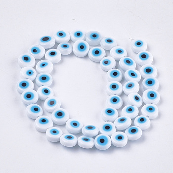 Handmade Evil Eye Lampwork Beads Strands, Flat Round, Creamy White, 7.5~8x3~4mm, Hole: 1mm, about 48pcs/strand, 13.7 inch~14.9 inch