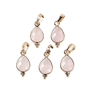 Natural Rose Quartz Faceted Pendans, Golden Plated Brass Teardrop Charms, 17.5x9x3.5mm, Hole: 6x3.5mm